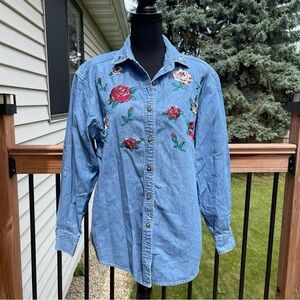 Vtg Christopher & Banks Denim Medium Button Up Embroidered Shirt Floral Roses